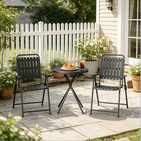 Set da giardino 3 pezzi con tavolo rotondo e 2 sedie pieghevoli nere DESVIAE (1/5)