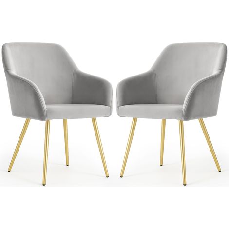 Lot de 2 Chaises en velours lisses ESTELLE Gris pieds dorés (1/5)