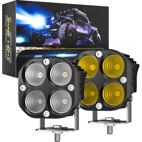 Phare de travail LED 40W 20W 4LED 3030 DC9-80V IP65, faisceau diffus blanc jaune, éclairage haute/basse pour voiture moto 4x4 camion VTT bateau(Blanc2 pc +Jaune2pc) (1/5)
