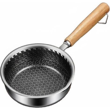 Honeycomb Pan, Mini Frying Pan, Non-Stick Stainless Steel Saucepan, Cookware Set, Even Heat Distribution, Precise Wooden Handle, Suitable for Quick Meals, Studio Apartment, Shared Living Room, 13cm (1/5)