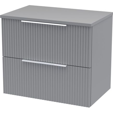 Tixall Fluted 2 Drawer Wall Hung Vanity Unit with Worktop, Satin Grey, 600mm