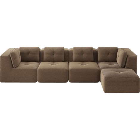Canapé modulaire quatre places en velours côtelé marron, mousse haute densité 32D, assise profonde 74 cm, sans montage (1/5)