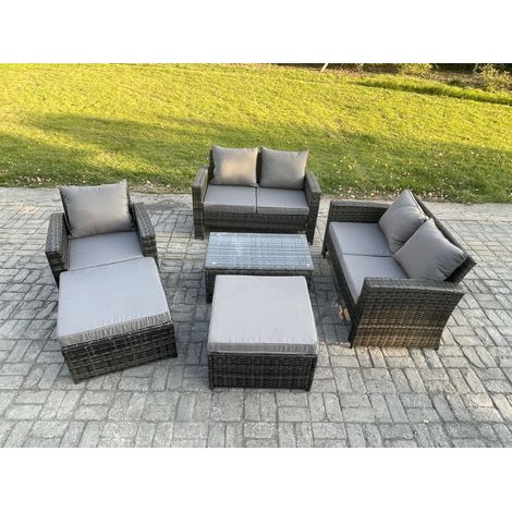 Fimous Ensemble de meubles de jardin en rotin 7 Places Ensemble de canapés de jardin ave Table basse 2 Grand Tabouret Gris foncé (1/5)