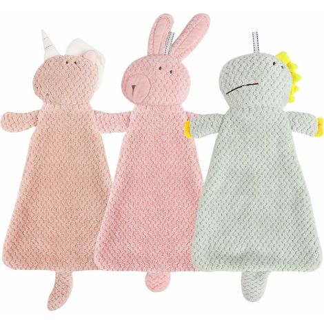 3 PCS Serviettes à Mains en Toison Corail Doux, Ensemble d'Essuie-Mains Suspendu à Séchage Rapide avec des Motifs Mignons, Serviettes Épaisses pour Salle de Bain, Marron + Rose + Vert， (1/5)