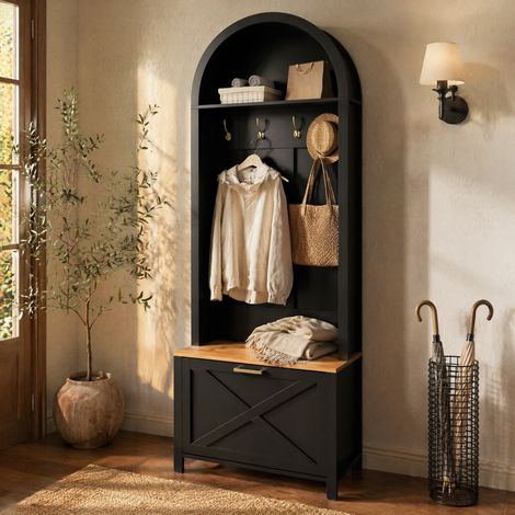 Flurmöbel mit Schuhregal, Ablage und Haken 75 x 35 x 195 cm MDF Schwarz HAVRYA (1/5)