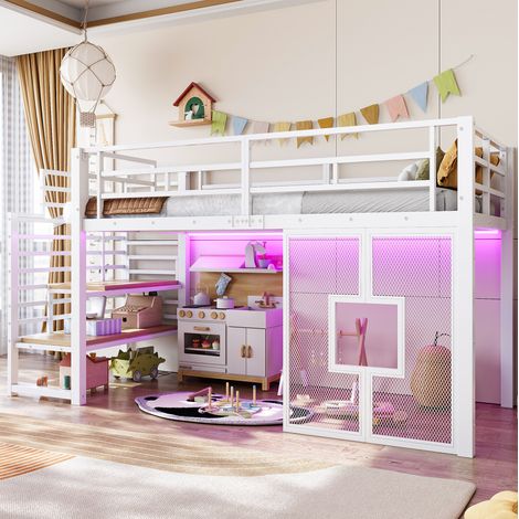 Cama alta de metal 90x200 cm con escalera de almacenaje, iluminación LED y ventanas, blanco (1/5)