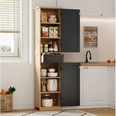 Mobile da cucina 170 x 40 x 30 cm, 2 porte, 1 cassetto, ripiani regolabili, naturale nero HAVRYA (1/5)
