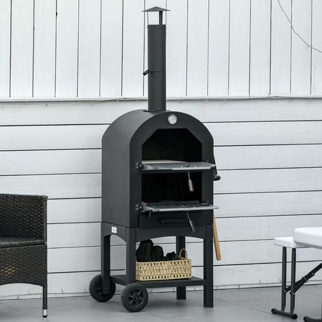 Forno per pizza a carbone da esterno Outsunny - Barbecue su ruote - Forno a legna - Firestone - Camino, termometro - Acciaio al carbonio nero e grigio
