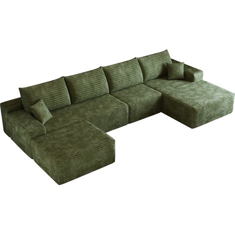 Canapé d'angle modulable 340 cm en velours côtelé vert avec chaise longue L
