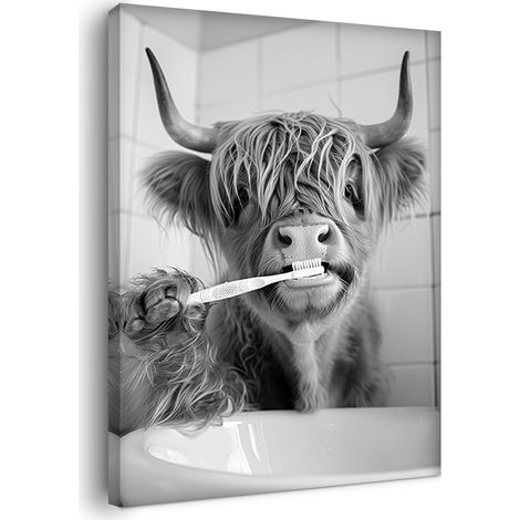 Tableau mural pour salle de bain - 40 x 50 cm - Toile avec cadre - Motif écorce des Highland lors du brossage des dents - Décoration pour salle de bain et WC d'invités - Impression HD avec (1/5)