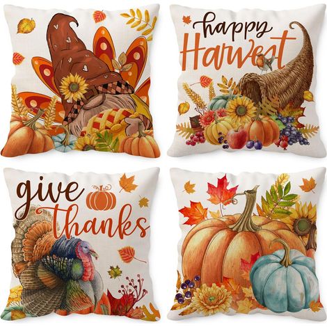 Fundas decorativas para cojines de Acción de Gracias (45 x 45 cm), juego de 4. Decoración para el hogar. Ideal para sofá, cama o sillón. (1/4)