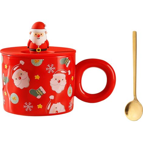 Mug de Noël en céramique (rouge avec cuillère et motif à bulles), grande capacité, avec couvercle et cuillère. Idéal comme cadeau de Noël (15,5 x 8 cm). Matière : Céramique. (1/2)