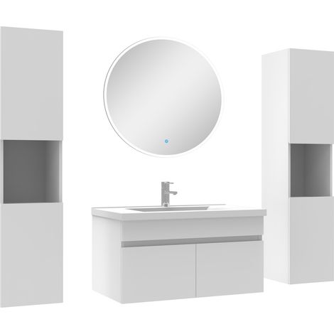 Ensemble meubles Salle de Bain simple vasque 80cm, colonnex2 et miroir rond Blanc