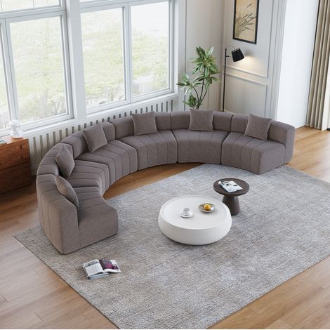 Canapé modulaire courbe semi-circulaire en chenille grise avec 2 coussins OKWISH (1/5)