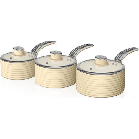 Swan Retro Induction Saucepan Set With Glass Lids, Non Stick Ceramic Coating, Easy to Clean, Cream, 3 Piece, 16/18/20 cm (1/5)