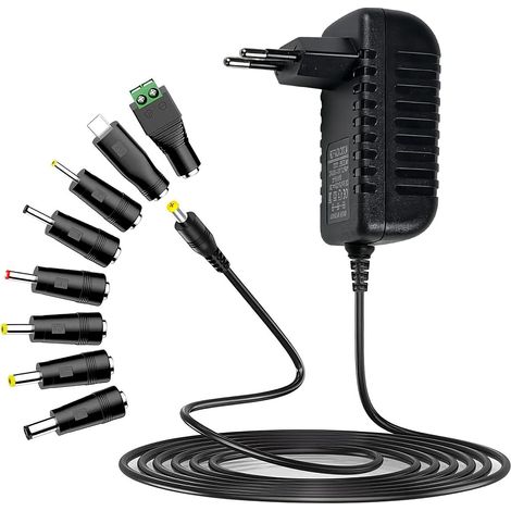Adaptateur Secteur 12V 2A,Alimentation 12V 2A, AC 220V-230V vers DC 12V,avec 8 Connecteurs DC,pour Haut-Parleurs Bandes LED Routeurs Caméras CCTV et Autres Appareils Électroniques 5.5mm x 2.1mm (1/5)