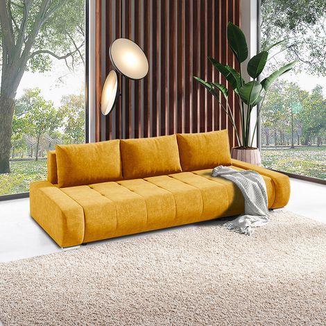 Petits-Meubles – Canapé convertible 3 places avec coffre – Tissu jaune – Dimensions 240x110x85 cm – Couchage 200x160 cm – Rembourrage mousse T30 (1/5)