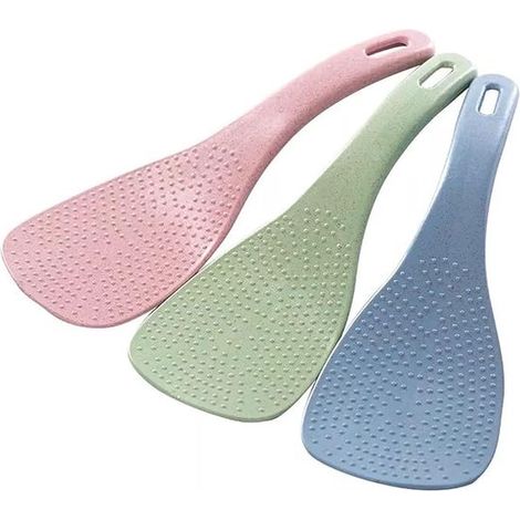 Juego de 3 - Cuchara para arroz - Cuchara para servir arroz - azul, verde, rosa - utensilio de cocina - paja de trigo - 19,36 cm (1/5)