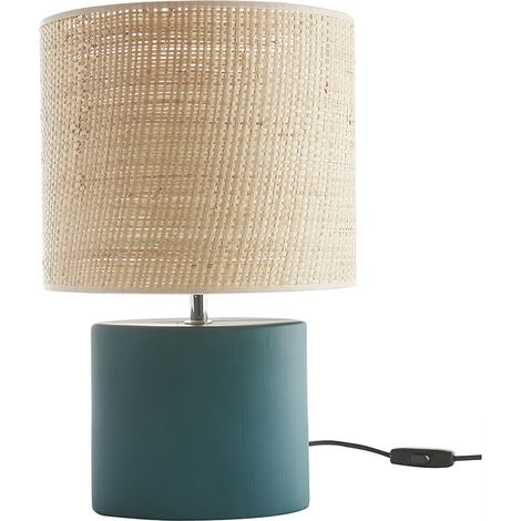 Lámpara de mesa de cerámica azul petróleo mate con pantalla de rafia natural 40 cm TIGA (1/4)