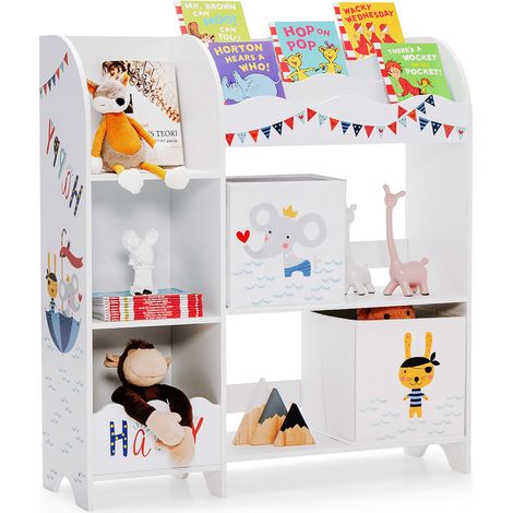 Meuble de rangement pour enfant en bois avec 2 bacs amovibles et porte-livres, anti-basculement pour chambre et salle de jeux (1/5)