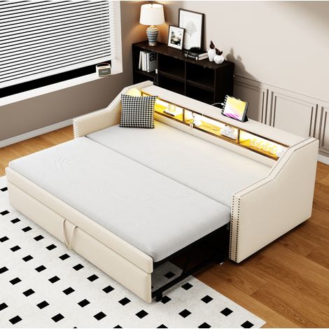MEUBLIV CanapĂ© lit rembourrĂ© 90/180 x 190cm extensible, avec 3 rangement ouverts, Ăclairage LED et port USB, sommier Ă lattes, beige (1/5)