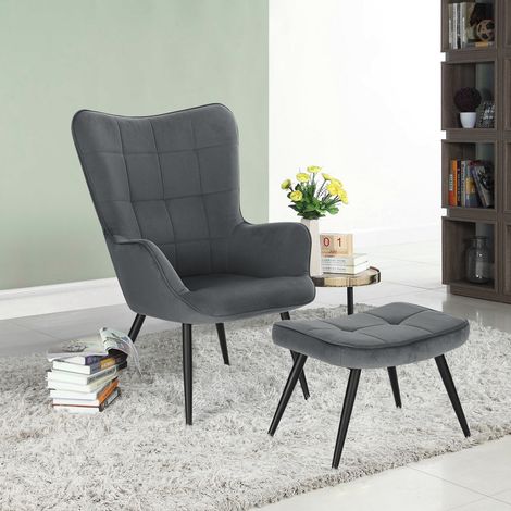 WOLTU Sillón de Relax con Reposapiés Silla de Escritorio con Escabel Sillón con Reposabrazos y Respaldo Alto de 59cm Pana Gris Oscuro Patas Metálicas (1/5)