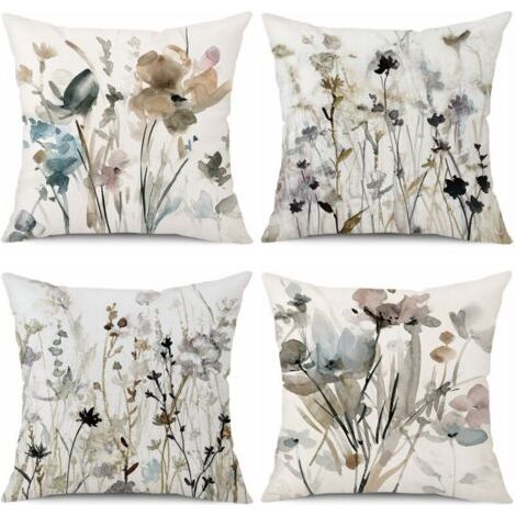 Housse de coussin 45 x 45 cm – Lot de 4 en lin – Motif floral peinture aquarelle – Lavable en machine – Coussins décoratifs canapé (1/4)