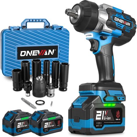 Onevan – Clé à chocs sans fil 20V – Couple 2100Nm – Moteur Brushless – 3 vitesses avant – 2 batteries 6.0Ah et 12 accessoires inclus