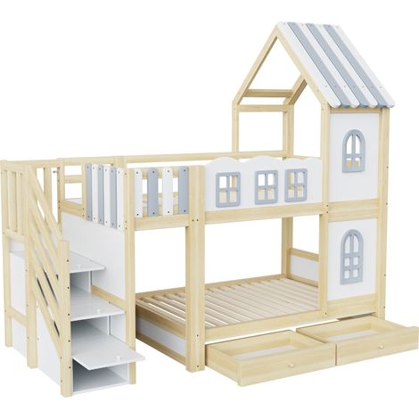 Litera infantil 90 x 200 cm de madera con techo, almacenaje y cajones, blanca (1/5)