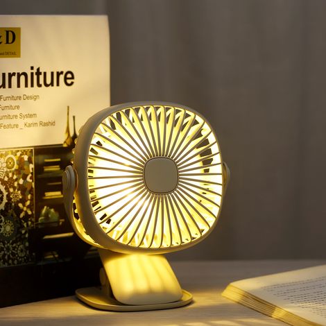 Ventilateur de table portable USB 5 V, mini ventilateur à pince en ABS avec rotation réglable à 360° et veilleuse LED, compatible avec les poussettesxrzi-AquaForge
