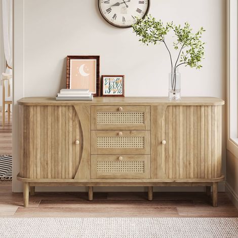 Buffet bas 140.5 cm, meuble de rangement avec 2 portes coulissantes et 3 tiroirs effet rotin, étagères réglables, naturel (1/5)
