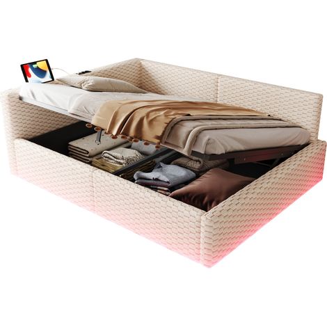 CHICFURN Cama tapizada 140 x 200 cm en terciopelo beige, con LED en el cabecero, 2 USB y 1 puerto USB-C, arcón hidráulico y diseño moderno (1/5)