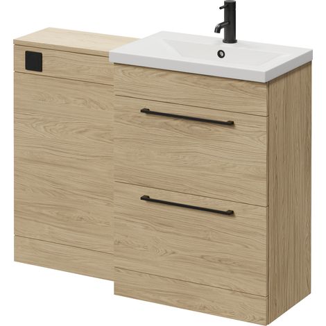 Napoli 390 Light Oak 1100mm 2 Drawer Vanity Unit Toilet Suite with Glide Basin - 1100mm - Matt Black 320mm HandleWithout Kingston Toilet Pan