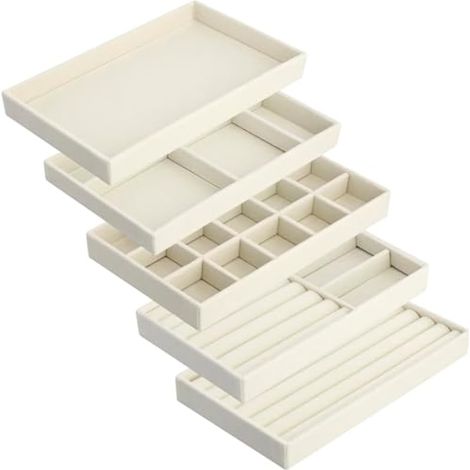 lot de 5 plateaux rangement bijoux, plateaux à bijoux en velours, pour boucles d'oreilles, bagues, colliers et bracelets, beige (1/5)
