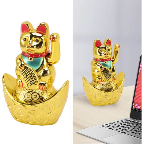 14 cm (5,5 Zoll) große, glänzende, goldfarbene elektrische Kurbel-Glückskatze, ideales Geschenk für Empfang/Kasse, Neueröffnung eines Geschäfts oder als Dekoration für Zuhause. (1/5)