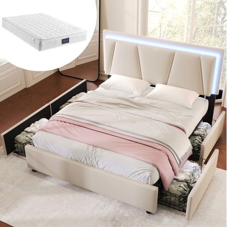 Cama matrimonio con 4 cajones y LED 160x200 beige DESVIAE (1/5)