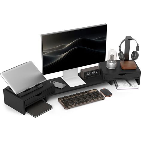 Dual Monitor Stand Riser with 2 Drawers, Adjustable Length and Angle, 116cm Monitor Riser for Laptop, Computer, PC, Small Printer, Black (1/5)