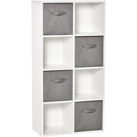 8 - Libreria modulare a cubi con 4 cassetti in tessuto non tessuto per ufficio, studio, camera da letto, 61,5x30x121,6 cm, bianco e grigio