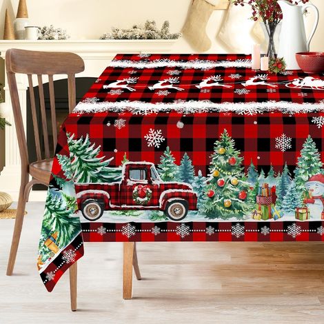 Mantel navideño de 152 x 260 cm para mesas rectangulares, decoración de mesa a cuadros rojos, mantel navideño resistente al agua. (1/5)