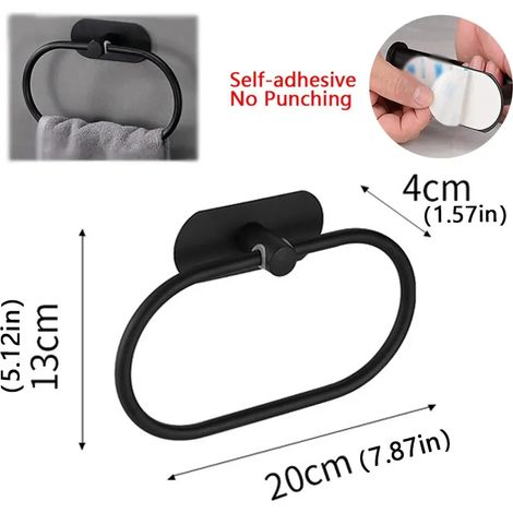 Porte-serviettes noir en acier inoxydable avec anneau et barre de suspension auto-adhésive pour salle de bain et cuisine. Accessoires de rangement pour la cuisine. (1/5)