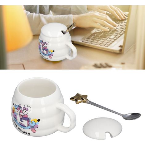 Mignonne tasse à café en céramique, tasse de bureau, cadeau avec couvercle et cuillère, cheval à bascule (1/5)