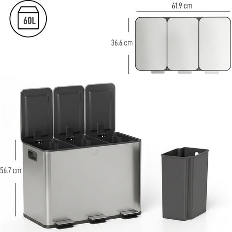 Poubelle 3 compartiments 20 L avec fermeture silencieuse, acier inoxydable et PP, 61,9 x 36,6 x 56,7 cm (1/5)