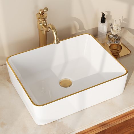 DeerValley Rechteckiges Keramik-Aufsatzwaschbecken mit Goldrand – Elegantes Design in Weiß und Gold für das moderne Badezimmer (1/5)