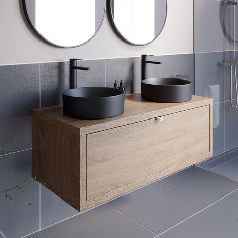Bathroom Oak Wall Hung Vanity Unit and Basin Sink Cabinet Storage 1100mm with 352mm Round Black Twin Basin (1/5)