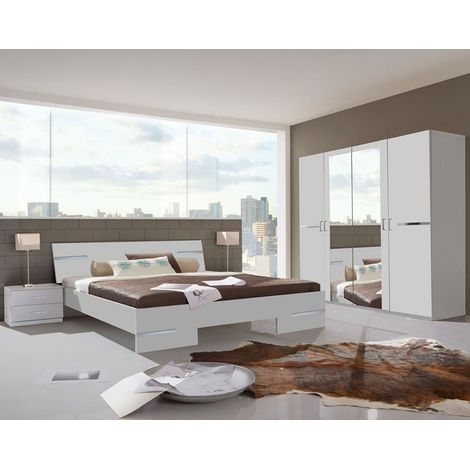 Pegane – Chambre complète adulte en panneaux de particules blanc – Lit 140x190 cm – 2 tables de chevet avec tiroirs – Armoire 4 portes (1/3)