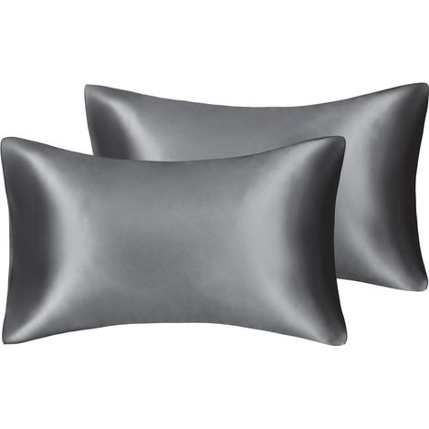 Taie d'oreiller en satin soyeux pour cheveux et visage - Lot de 2 - Anti-rides - Fermeture éclair dissimulée - 50 x 75 cm (Gris) (1/5)