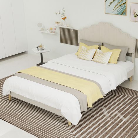 Cama tapizada de tela y metal beige 140x200 cm con cabecero geométrico y somier de láminas, sin colchón (1/5)