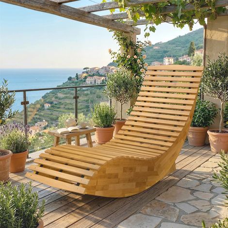 Transat pliant en bois d'acacia, transat de jardin ergonomique avec design à lattes en forme de S, 60 x 156 x 77 cm (1/5)