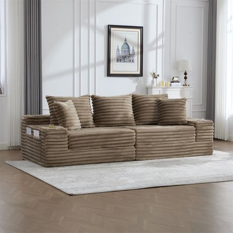 Sofá de terciopelo acanalado con chaise longue - 273 x 98 x 87 cm - Sofá esquinero convertible con portavasos - Caqui (1/5)