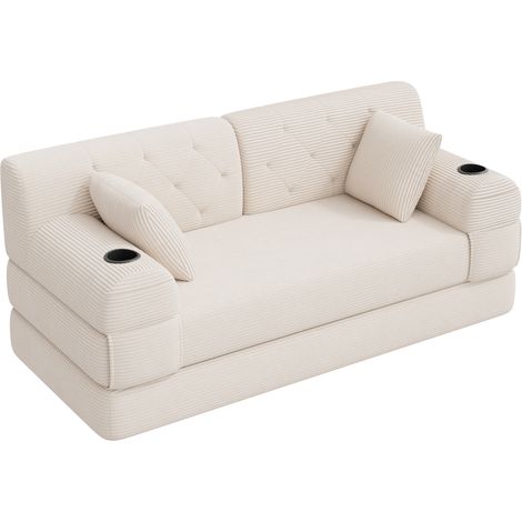Canapé-lit 2 places en velours côtelé beige avec dossier haut, cadre métallique et rangements intégrés (1/5)